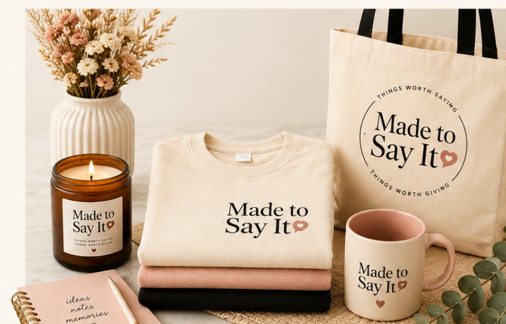 Made to Say It apparel, candle, mug, tote and notebook